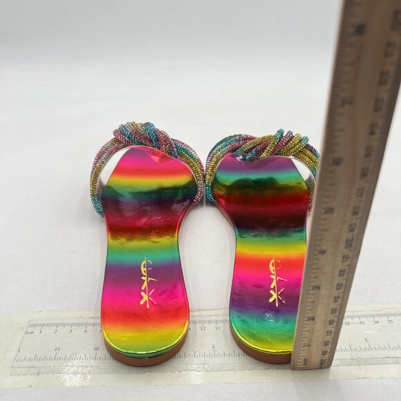 XYD Rainbow Multi Glitter Shiny Rhinestone Straps Slide Sandals Open Toe Flat - Picture 5 of 8